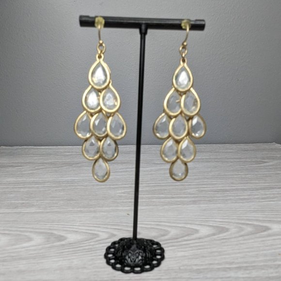 Gold Tone and Clear Gems Drop Earrings - Picture 1 of 6